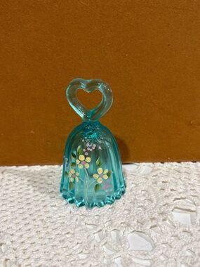 Fenton Hand-Painted Turquoise Glass Bell with Heart Handle